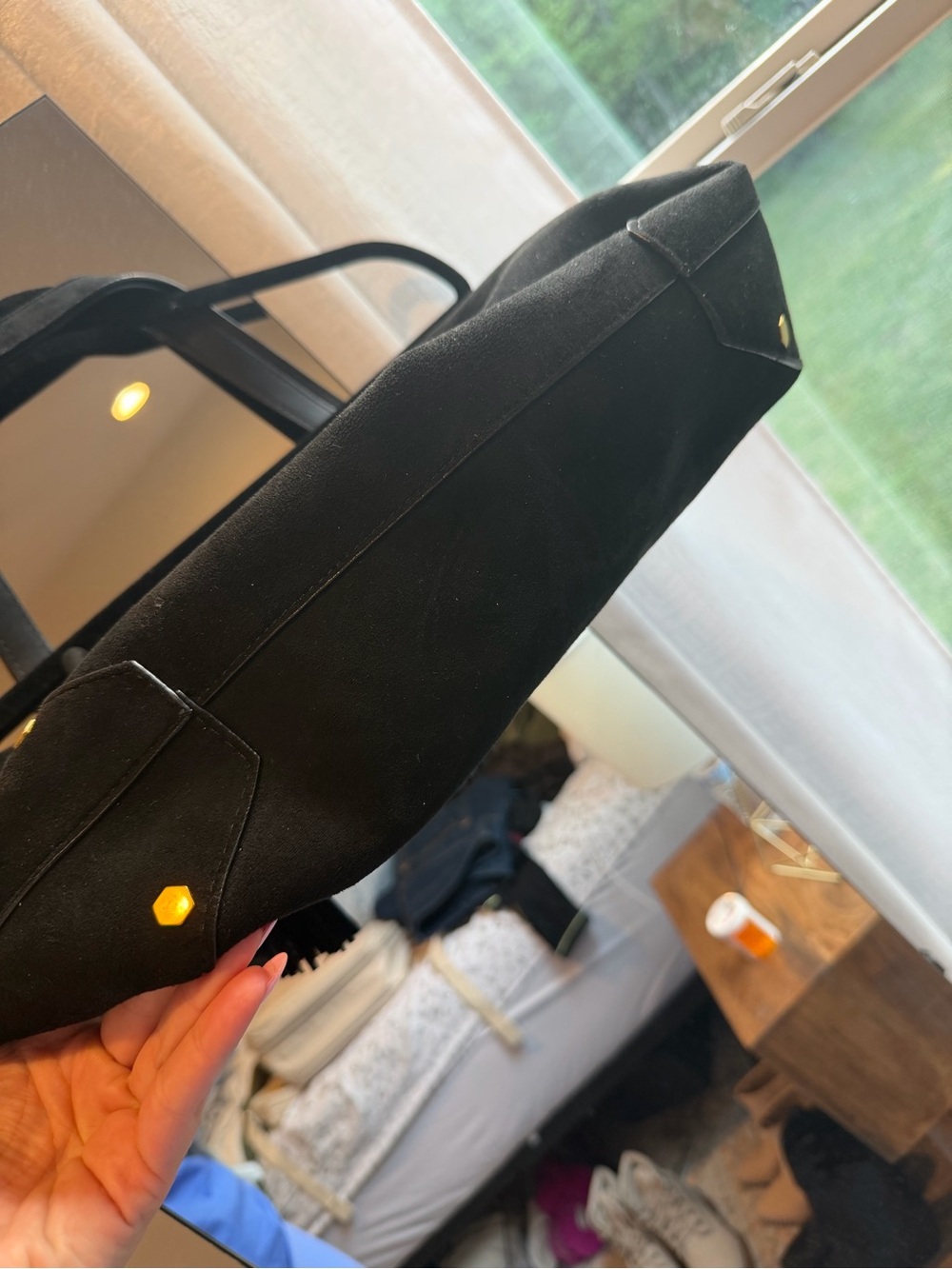 House of Harlow 1960 Black Suede Shoulder Tote with Gold Accents - Picture 3 of 5